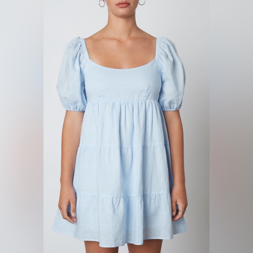 light blue puffy sleeve mini dress